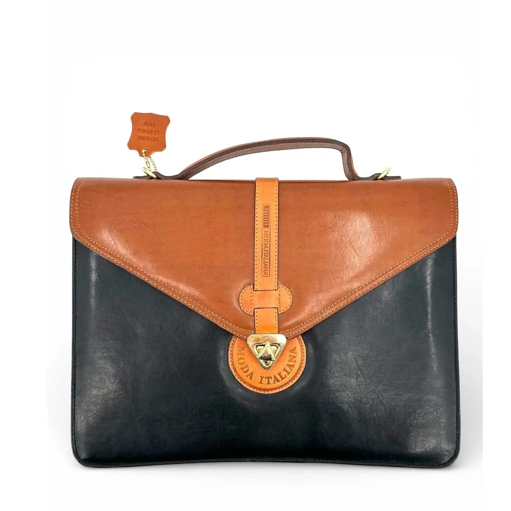Vintage Moda Italiana Black Brown Leather Briefcase Document Bag